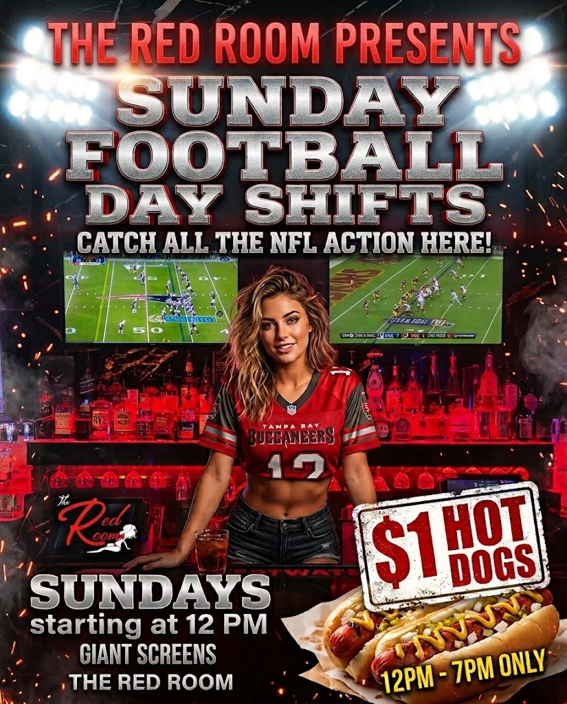 Sunday Football at The Red Room — $1 Hot Dogs — Sundays, 12 PM–7 PM
